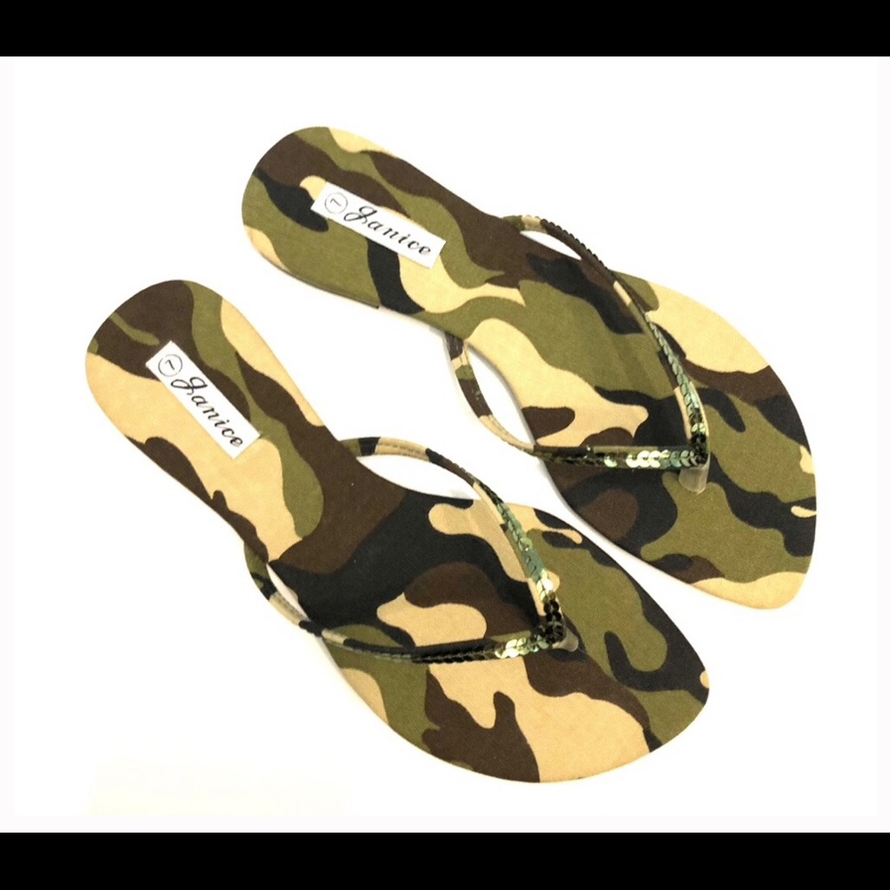 NEW - Camouflage Olive Green Sequin Sandals